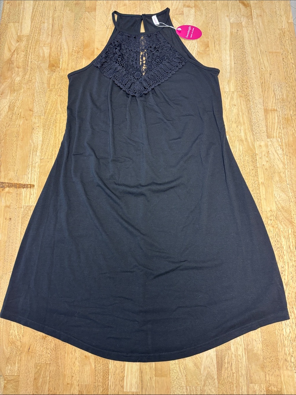 NWT Sweetnight Black Halter Mini Dress Crochet Lace Yoke Swing Sundress
